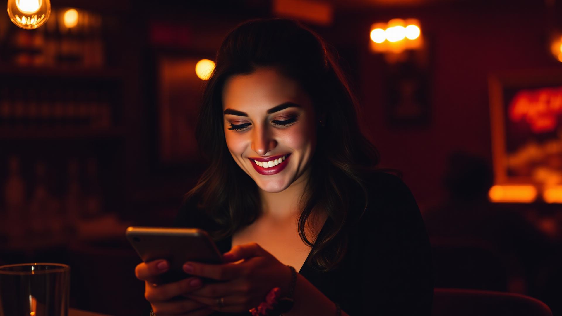 A woman laughing softly while typing a message on her phone in warm evening light.