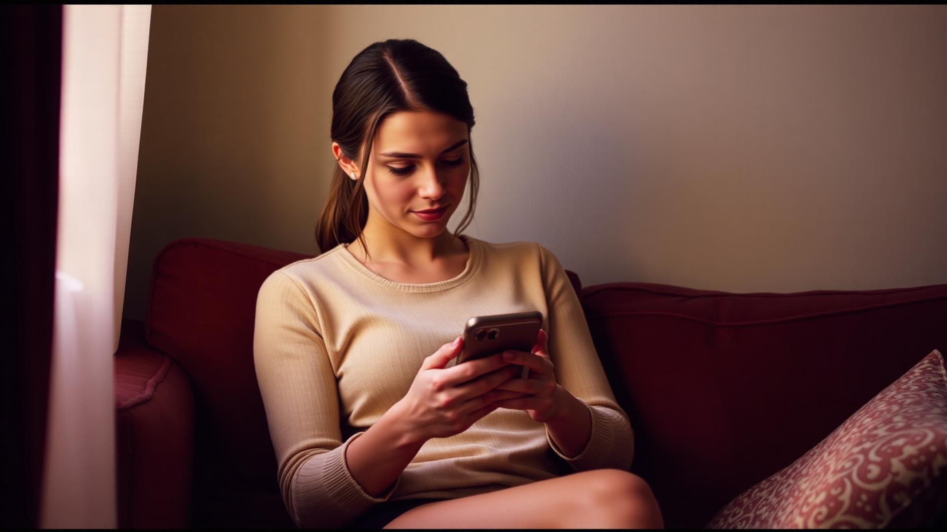 A woman thinking with her phone in hand, about to send a first message.
