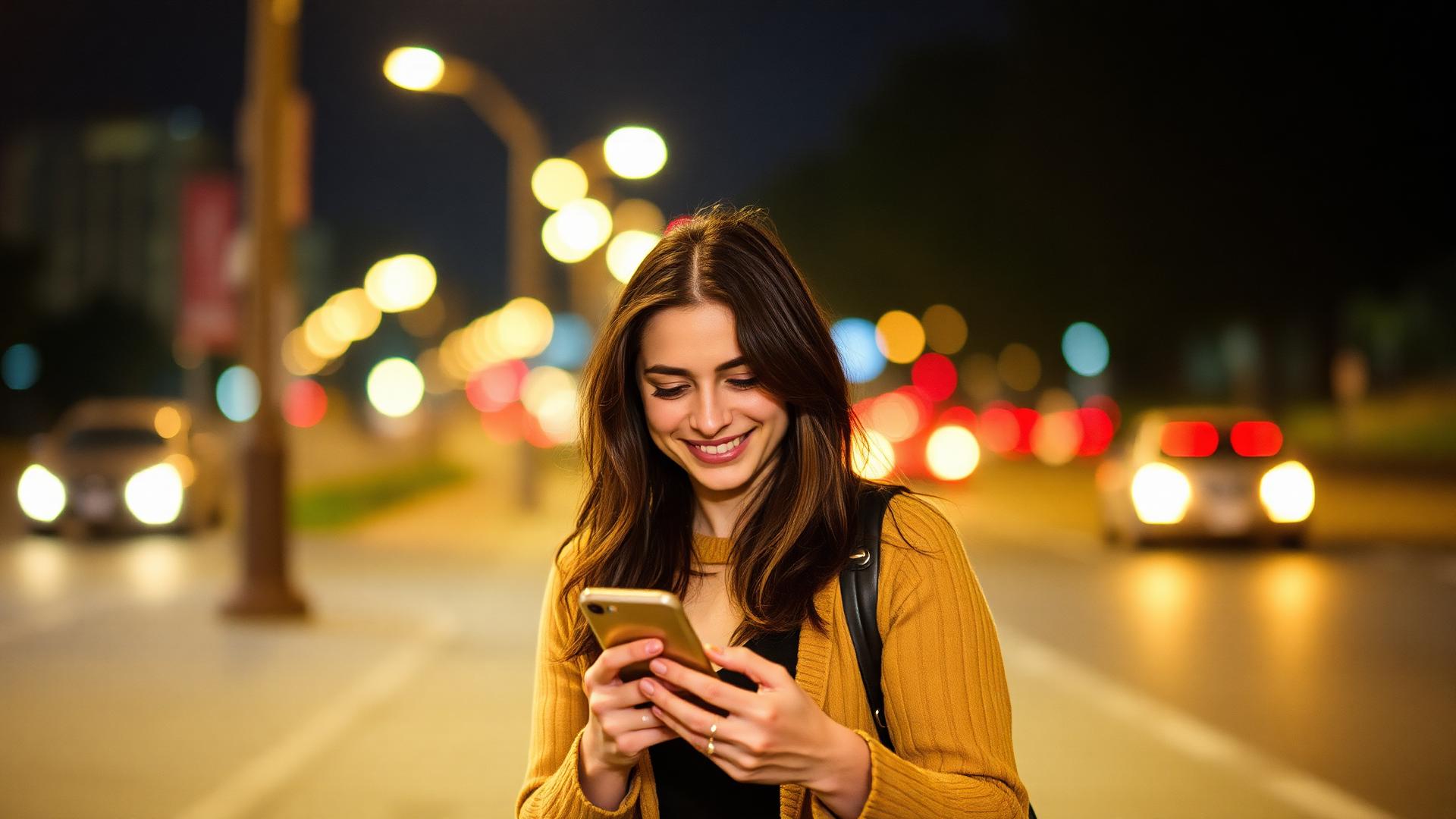 A woman walking home at night after a date, smiling at her phone under city lights.