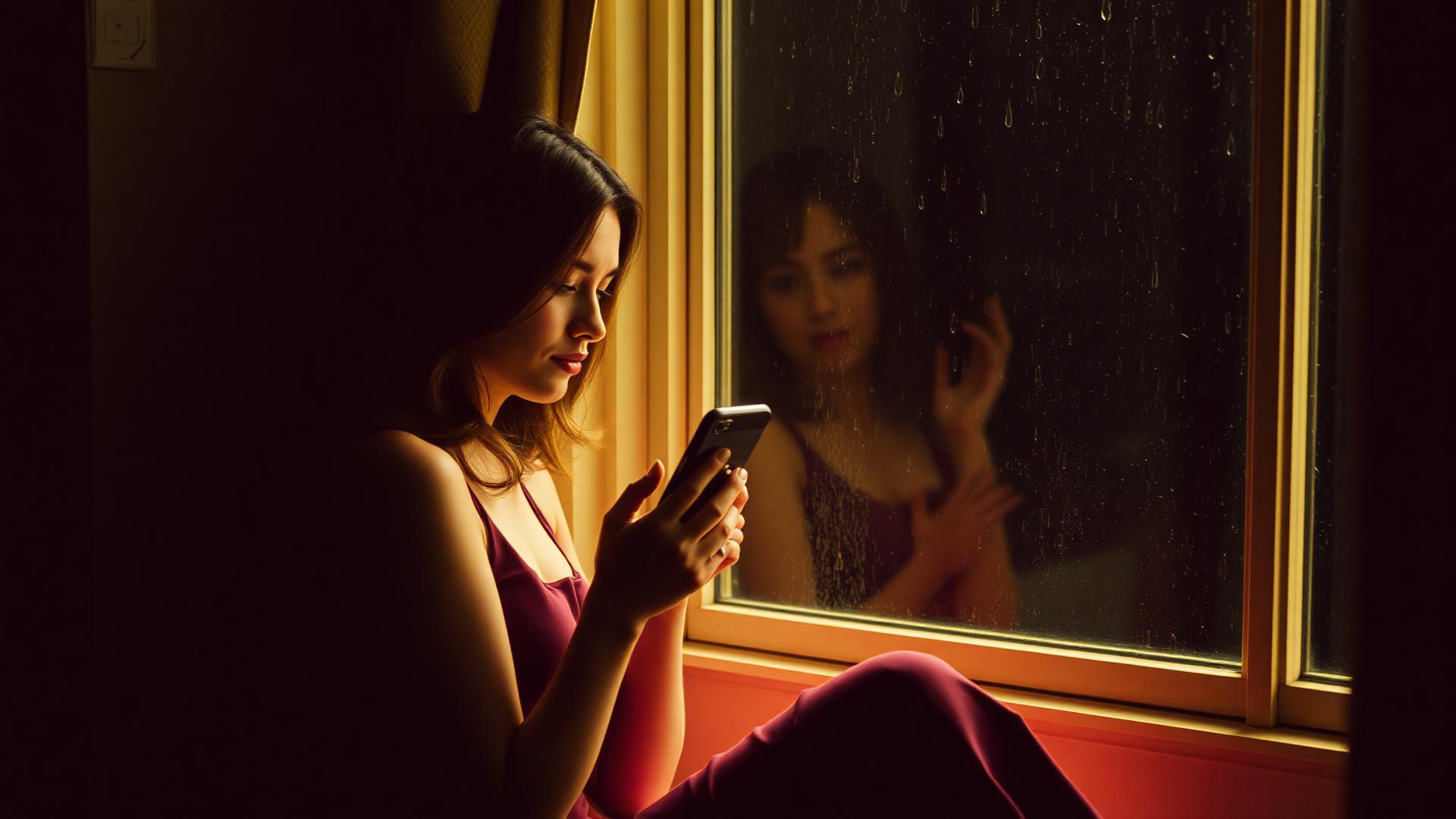 A woman sitting by a rain-streaked window holding a silent phone.