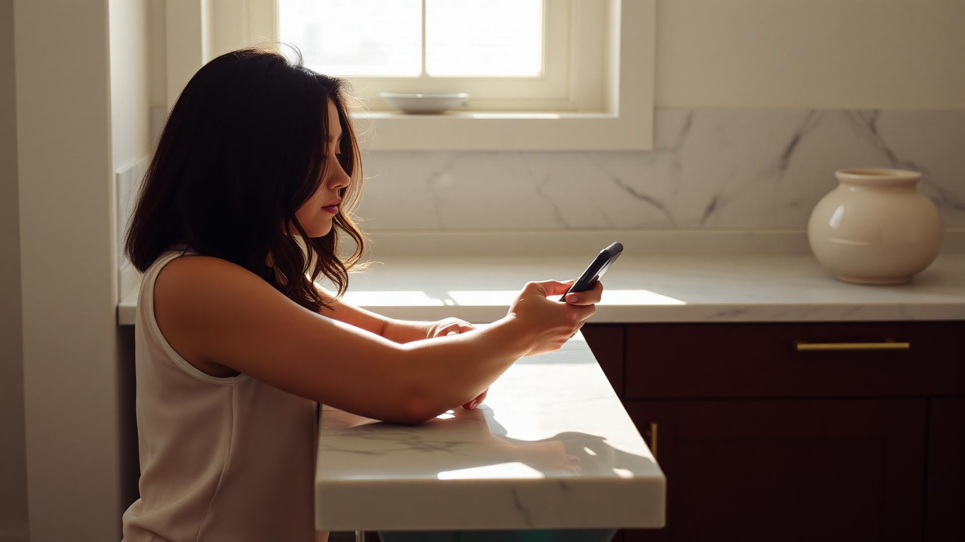 A woman calmly placing her phone face down on a kitchen counter in morning light.