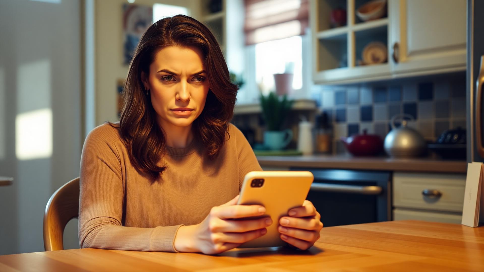 A woman with a skeptical expression reading a message at her kitchen table.