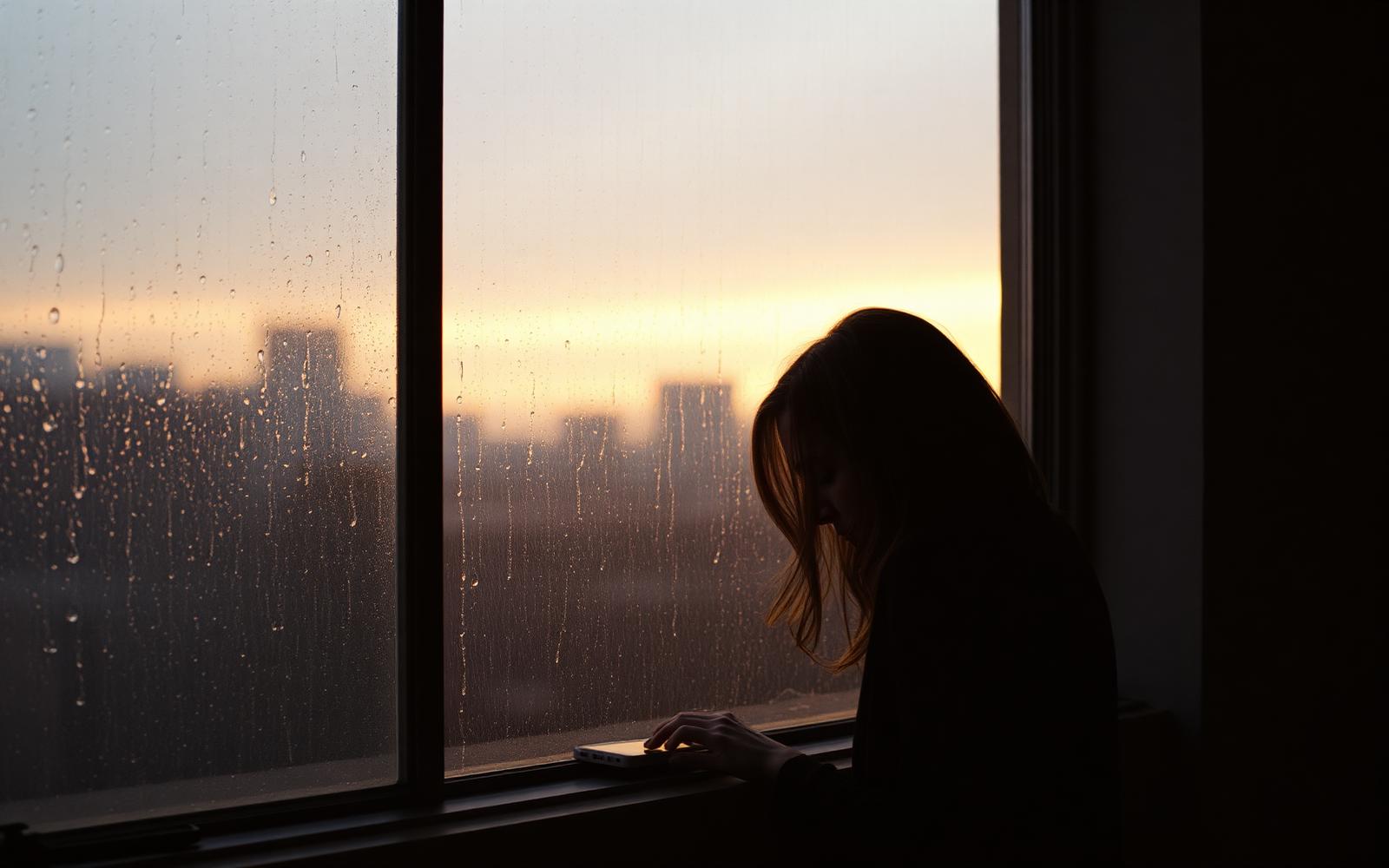A woman at a rain-streaked window at dawn with her phone face down on the sill.