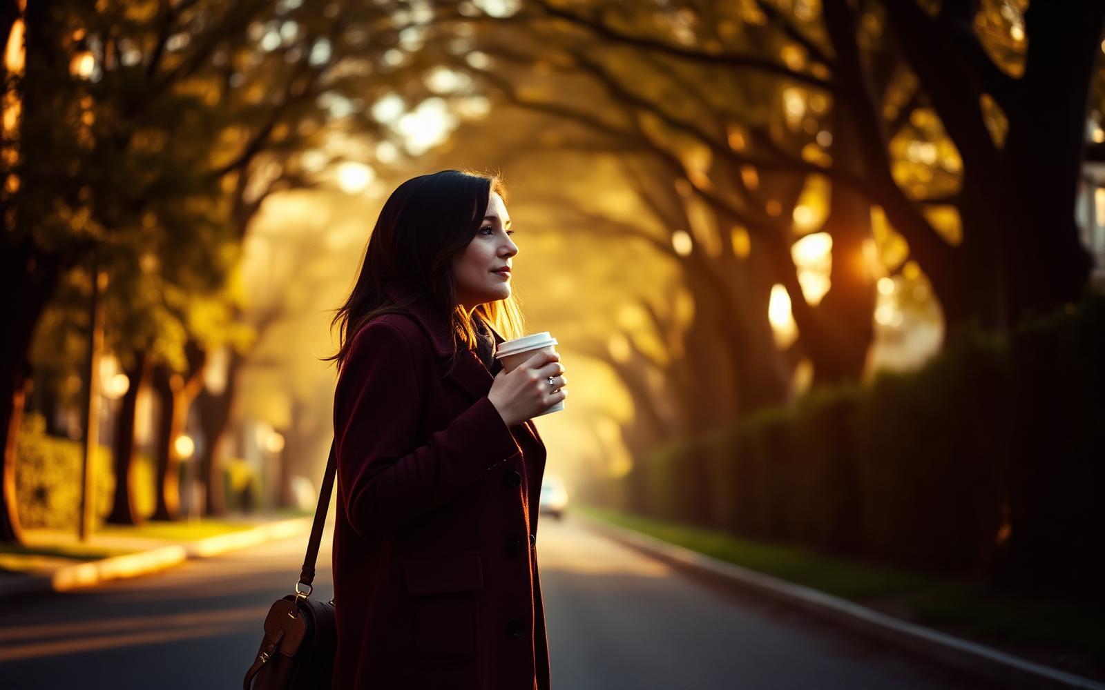 A woman walking a tree-lined street in early morning light with coffee.