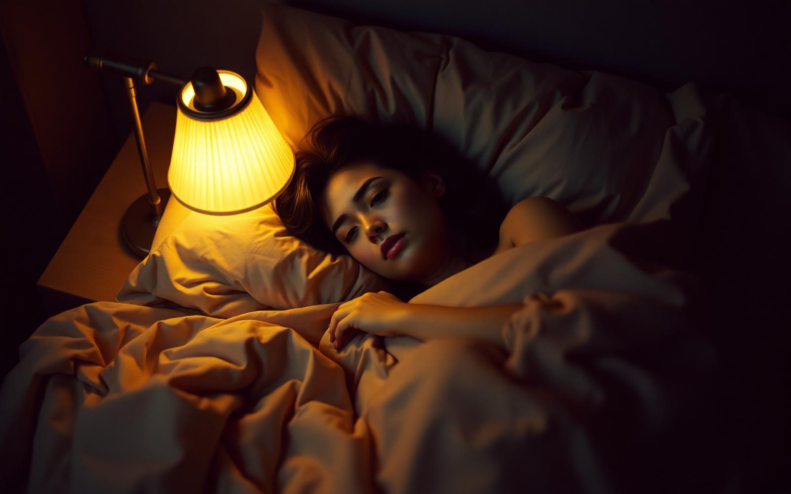 A woman lying awake in bed at night with a lamp glowing beside her.