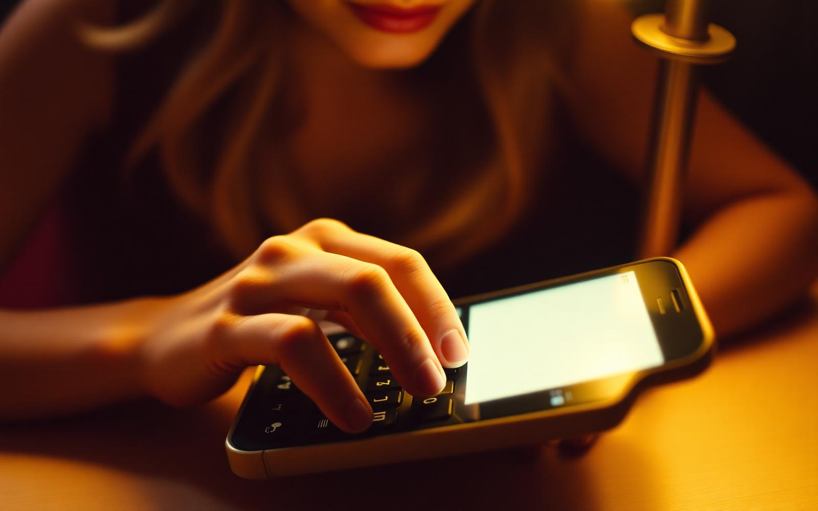 Close-up of hands hovering over a phone keyboard in warm lamplight.