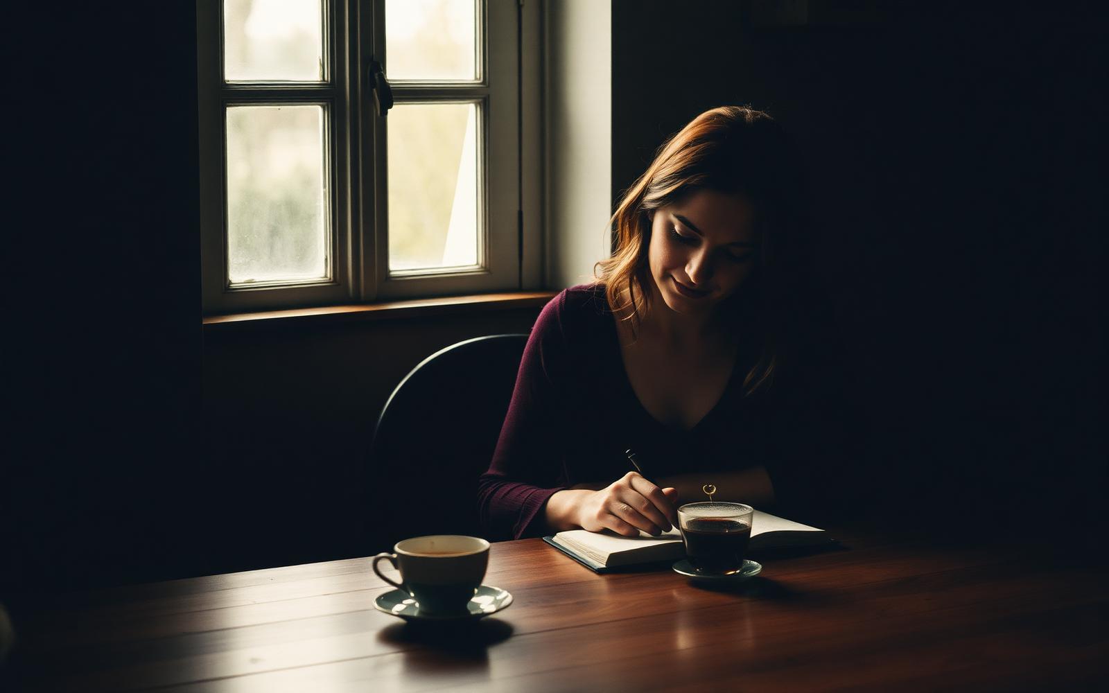 A woman journaling at a wooden table beside a bright window.