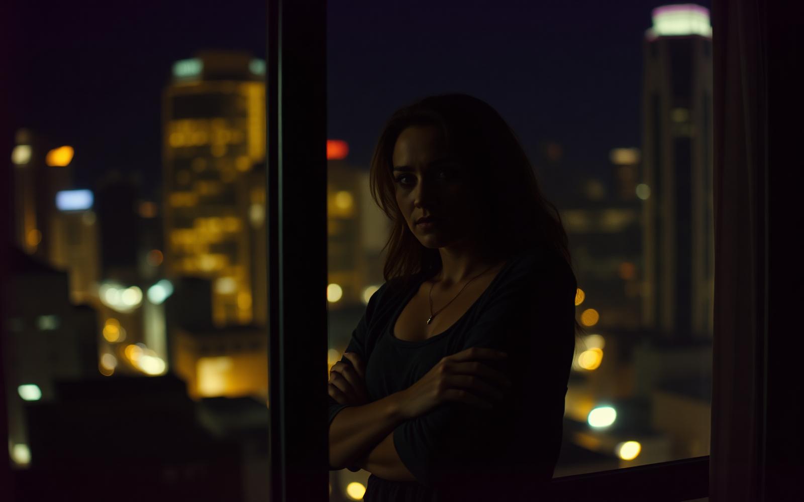 A woman standing at a window at night with city lights blurred behind her.