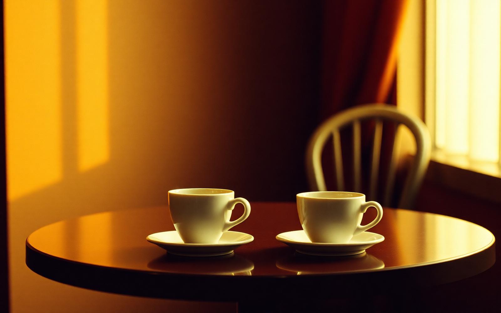 Two coffee cups on a cafe table with one chair empty in warm light.