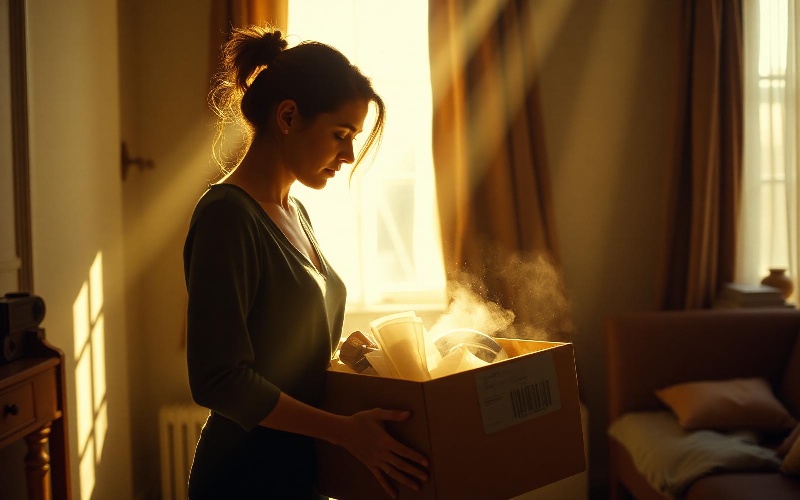 A woman packing a box of belongings in a sunlit apartment.