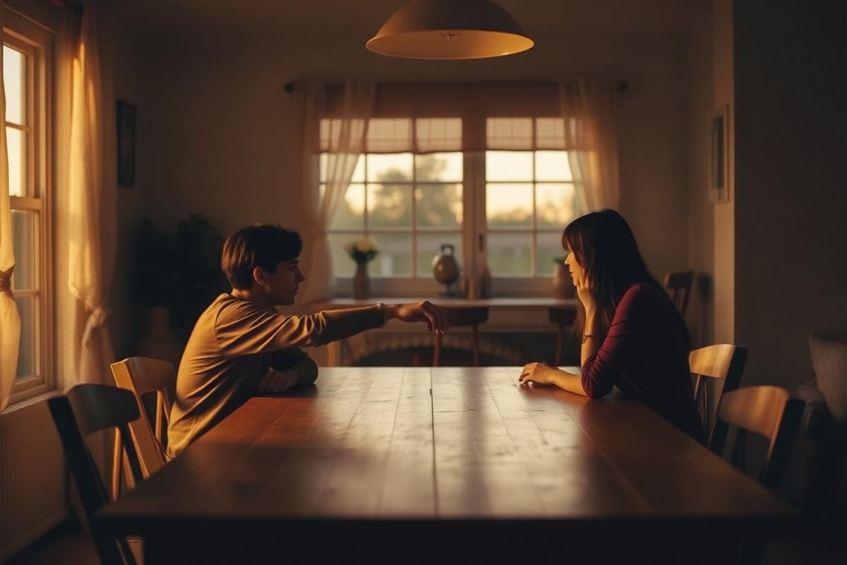 A couple at opposite ends of a warm-lit kitchen table, one hand reaching halfway across the wood.
