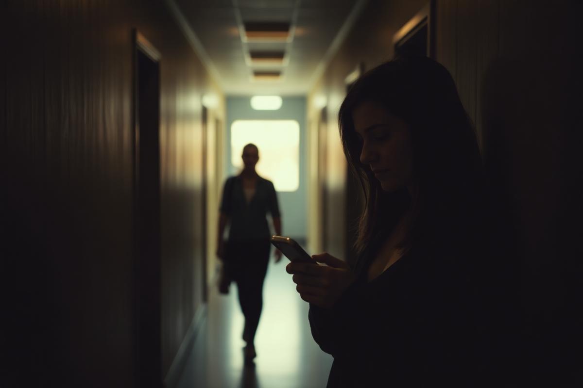 A woman looking at her phone in a dim hallway while a partner walks toward the light at the far end.
